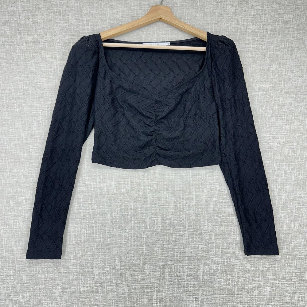 ASTR‎ The Label Shirt Womens Small Black Textured Long Sleeve Ruched Crop Top